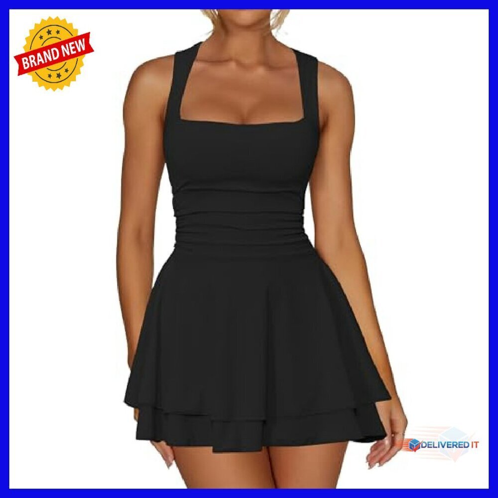 Square Neck Ruffle Hem Mini Dress Ruched Waist Bodycon Party Dress - Picture 2 of 8
